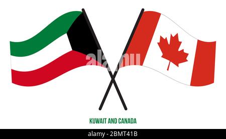 Kuwait and Canada flags waving together in the wind on blue cloudy sky ...