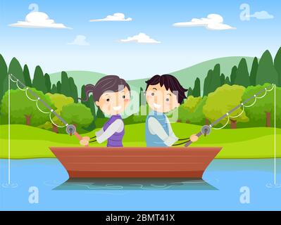 Illustration of Stickman Teenage Couple Fishing and Riding a Boat in a Lake Stock Photo