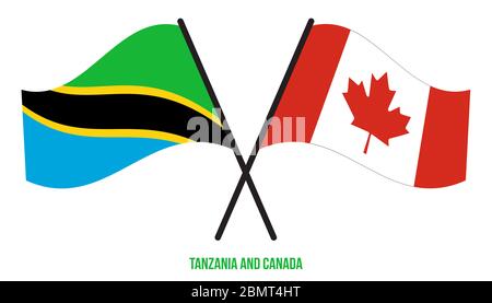 Tanzania and Canada flag waving together in the wind on blue sky, two ...