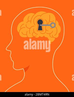 Illustration of a Head Profile Showing a Brain with Key and Keyhole Unlocking It Stock Photo