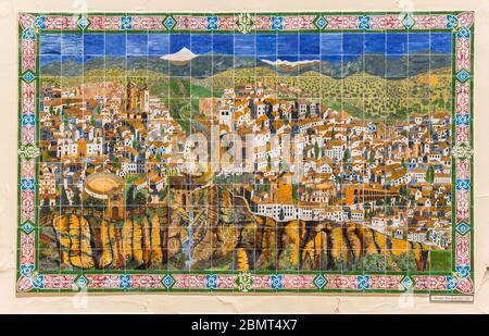 Colorful painting of historic city Ronda, Spain on ceramic tiles