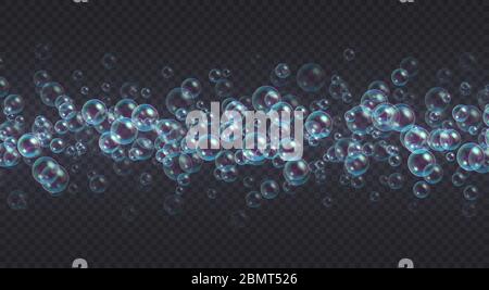 Stripe of soap bubbles. Abstract floating shampoo, bath lather line composition. Realistic suds. Stock Vector