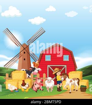 Many farm animals and farmer illustration Stock Vector Image & Art - Alamy