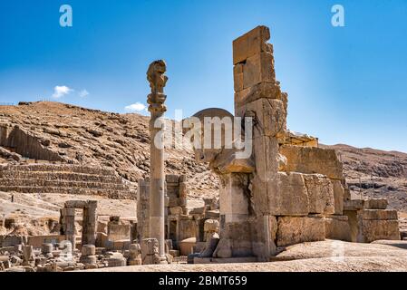 Horse head in the ruins of the Palace of the Hundred Columns, Persepolis, Fars Province, Iran Stock Photo