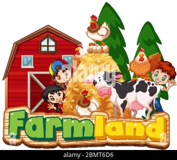 Font design for farmland with happy children and animals illustration Stock Vector