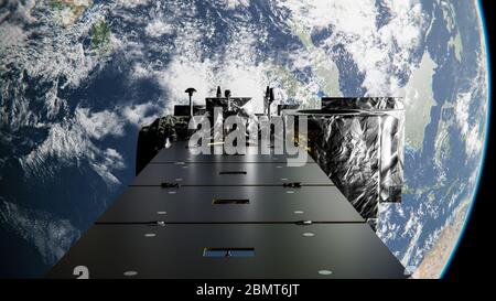 Satellite Orbiting Earth above Clouds over Asia in Space - NASA Satellite ICESat-2 Craft - 3D Rendering Stock Photo