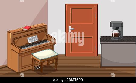 Piano and coffee machine in living room in cartoon style illustration Stock Vector