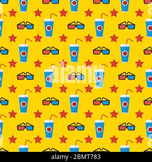 Cinema seamless pattern. Wallpaper with popcorn, stereo glasses and stars. Stock Vector