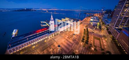 Aerial Panoramic Cityscape View of San Francisco at Dusk with City Lights, California, USA - Empty During Shelter in Place Quarantine Stock Photo