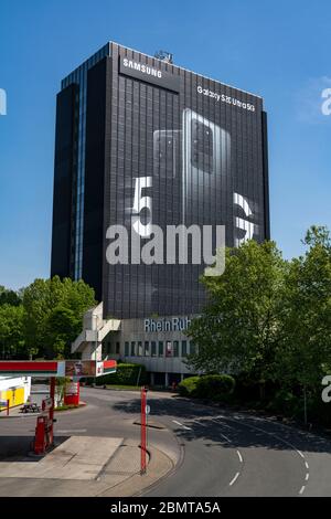 Large-scale advertising for the new Samsung Galaxy S20 Ultra 5G mobile phone, on the facades of the former Stinnes building at Rhein-Ruhr-Zentrum, on Stock Photo