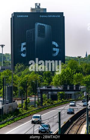 Large-scale advertising for the new Samsung Galaxy S20 Ultra 5G mobile phone, on the facades of the former Stinnes building at Rhein-Ruhr-Zentrum, on Stock Photo