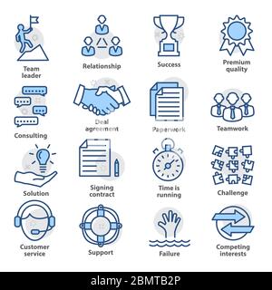 Business management icons. Set in line style for strategy, career progress and business process. Pack 10 Stock Vector
