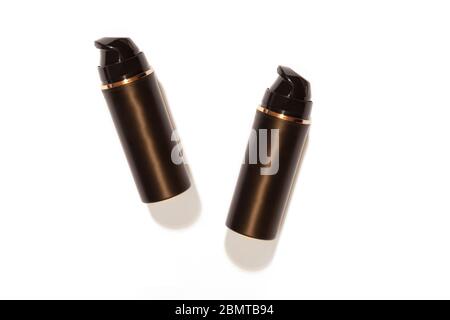 Black Foundation or Collagen Vial. Hair Cosmetic Essence Shiny Package. Glossy Template with Pump Dispenser for Moisturiser, Concealer, Tonal Base. To Stock Photo