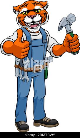 Tiger Mascot Carpenter Handyman Holding Hammer Stock Vector