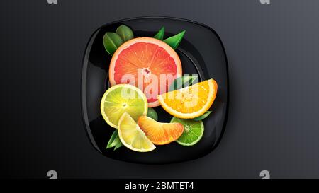 A set of orange, grapefruit, lime and mandarin on a dark plate. Stock Vector