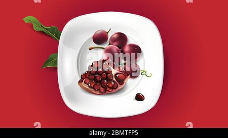 Pomegranate slice and red grapes on a white plate. Stock Vector
