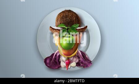 Fruit and vegetable collage on a plate repeats the male portrait by Magritte. Stock Vector