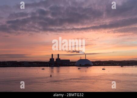 City of Southampton, England. Picturesque sunset view over the River Test with Marchwood Industrial Park in the background. Stock Photo