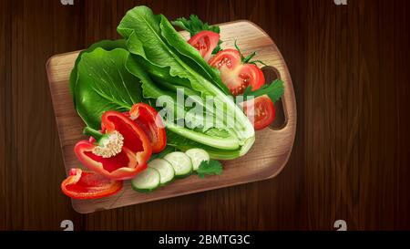 Composition of lettuce, tomatoes and bell pepper. Stock Vector