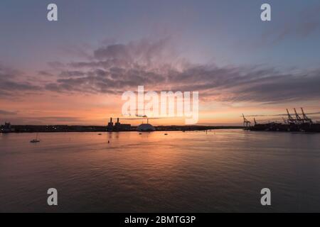 City of Southampton, England. Picturesque sunset view over the River Test with Marchwood Industrial Park in the background. Stock Photo