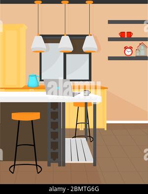 Vector illustration. ROOM. INTERIOR KITCHEN STUDIO. A cozy place to work.. Stock Vector