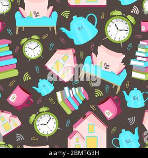 Seamless vector pattern. Home items. cozy house, home improvement. Kettle and cup, alarm clock and books. Stay home Stock Vector