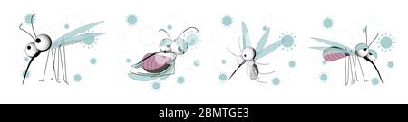 Mosquitoes CHARACTER. Insect parasites. Vector illustration isolated on white background. Summer time.. Stock Vector