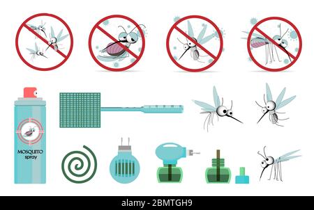 Means of protection against mosquitoes. Pest control. Mosquitoes. Insecticides. Fumigator, fly swatter, mosquito spray. INSECT CHARACTERS.. Stock Vector