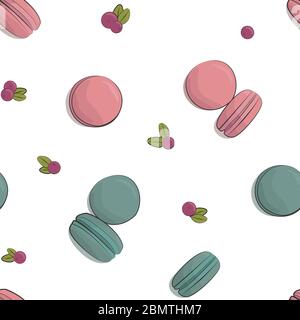 Macarons and cranberries pattern on a white background. Dusty pink and blue color. Stock Vector