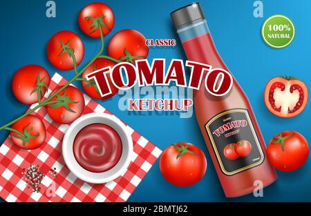Tomato ketchup advertising for your design. Realistic ketchup sauce bottle with fresh tomatoes on blue background. 3d vector illustration Stock Vector