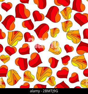 Funny cartoon hearts. Seamless pattern. Chaotic hearts located. Yellow, orange and red colors. Stock Vector