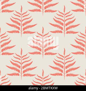 Fern vector seamless pattern background. Modern forest plant frond coral white backdrop. Damask style hand drawn geometric botanical foliage Stock Vector
