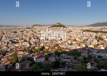 A panaromic view of the city of Athens, the capital city of Greece from a vantage point at the Acropolis. Stock Photo