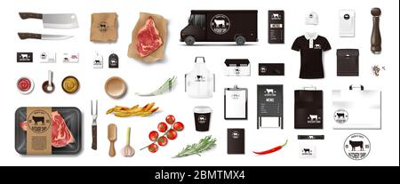 Variety of food in the butcher shop. Restaurant Brand Identity mockup set isolated. Branding packaging elements for meat shop, cafe or steak house Stock Vector