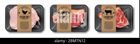 Relistic meat packaging of beef, pork and chicken. Set of supermarket meat package isolated on white. Beef and pork steak. vector illustration Stock Vector