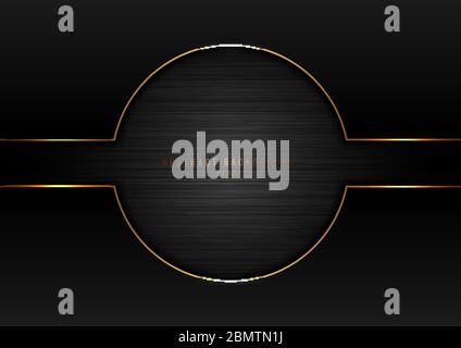 Abstract black circle with gold border frame on dark metallic background and texture. Vector illustration Stock Vector