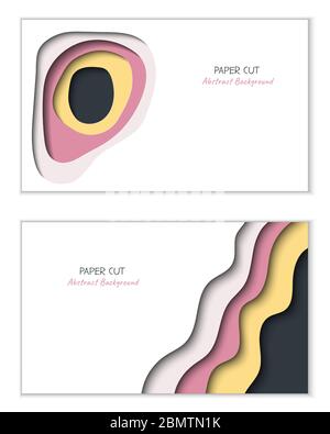Abstract vector backgrounds in paper cut style with shadows and copy space for text. Paper art in trendy colors with layers, shape of waves. Realistic minmal layout template for poster, banner Stock Vector