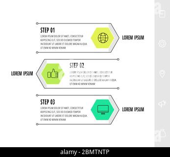 Hexagon infographic design template with 3 options and icons. Vector business line concept. Can be used for diagram, web, banner, workflow layout Stock Vector