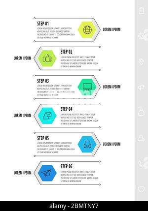 Hexagon infographic design template with 6 options and arrows. Vector business line concept. Can be used for diagram, web, banner, workflow layout Stock Vector