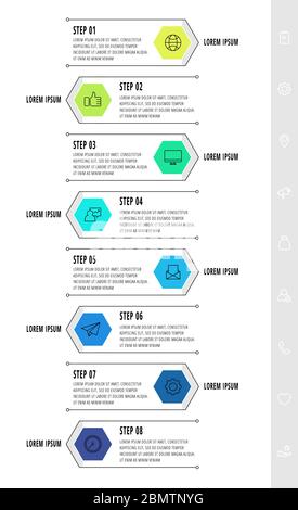 Hexagon infographic design template with 8 options and arrows. Vector business line concept. Can be used for diagram, web, banner, workflow layout Stock Vector