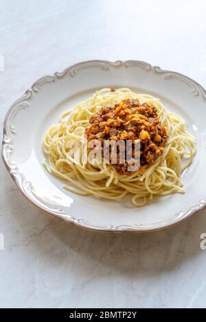 Original Classic Homemade Italian Spaghetti Pasta with Ragu Bolognese Sauce made with Minced  Meat and Tomato Sauce. Traditional Dish. Stock Photo