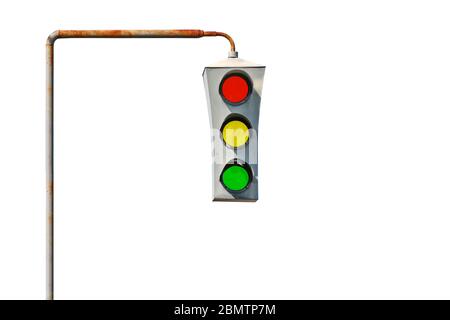 Isolated vintage old traffic light on a rusty post. Close-up. Stock Photo
