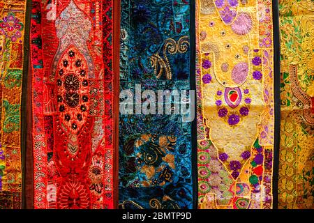 Indian fabric with Indian patterns close up. Stock Photo