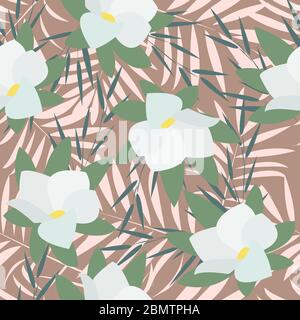 Seamless pattern with white flowers and leaves on a pink background. For wrapping paper, textiles, wall paper, pillow prints, bedding, clothing Stock Vector