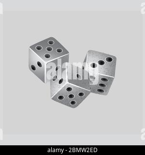 Trio Of Game Silver Dice With Grain Texture Over Gray Background Stock Vector
