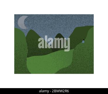 Relaxing Night View Scene Of Mountains And Valley With Moon And Human Figure Looking At The Moon While Sitting On Grass Stock Vector