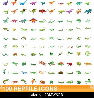 100 reptile icons set. Cartoon illustration of 100 reptile icons vector set isolated on white background Stock Vector