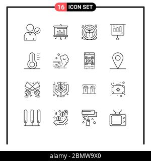 Set of 16 Vector Outlines on Grid for weather, temperature, prize, nature, money Editable Vector Design Elements Stock Vector