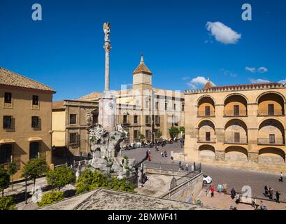 Cordoba, Cordoba Province, Andalusia, southern Spain.  The 18th century Triunfo de San Rafael in the Plaza del Triunfo.  San Rafael, the Archangel Rap Stock Photo