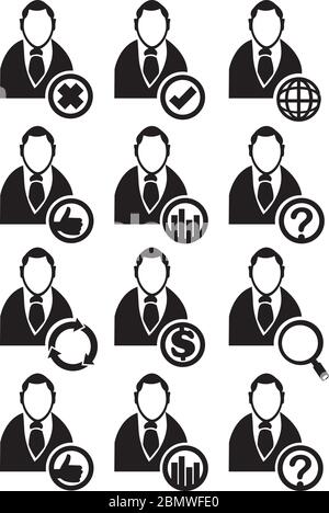 Black and white vector illustration of faceless businessman web icon with conceptual symbols in circles isolated on white background. Stock Vector